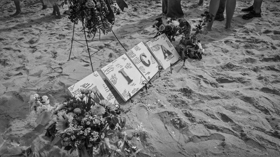The beachside memorial of Mica Miller. Sunday, May 5, 2024. Myrtle Beach, South Carolina. Andrew Fancher.
