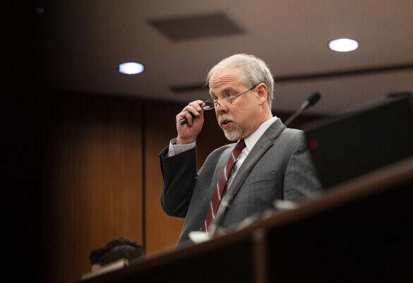 Prosecutor Creighton Waters addresses former S.C. Chief Justice Jean Toal at a status conference to discuss an upcoming hearing on Alex Murdaugh’s jury-tampering allegations against Colleton County Clerk of Court Rebecca “Becky” Hill at the Richland County Judicial Center on Monday, Jan. 16, 2024, in Columbia, S.C. Gavin McIntyre/The Post and Courier/Pool