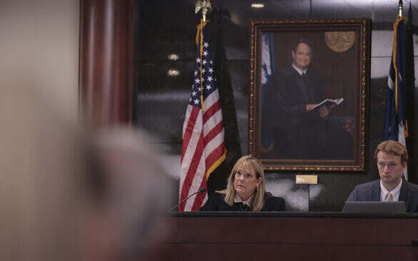 Judge Debra McCaslin listens to testimony as Alex Murdaugh watches during a judicial hearing on Friday, Aug. 14, 2026 at the Marc H. Westbrook Judicial Center in Lexington, South Carolina. Alex Murdaugh will be retried in the June 7, 2021, shooting deaths of his wife and son, after his original conviction was overturned due to jury tampering.