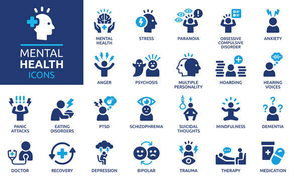 Containing depression, bipolar, PTSD, panic and mind disorder icons.