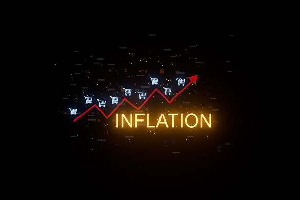 The graphic shows an upward trend with charts and shopping carts to represent inflation. It highlights rising prices affecting consumers and the economy over time.
